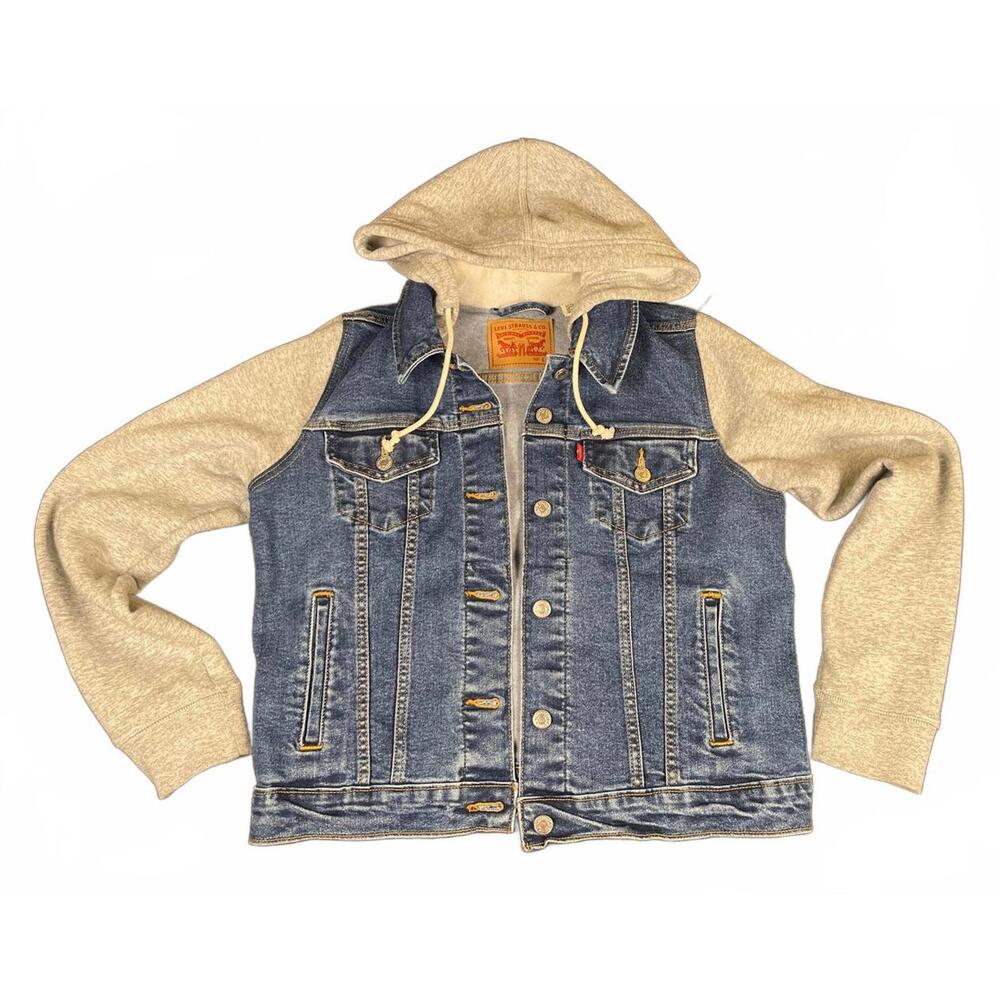 Levi's Denim Jacket with Gray Hoodie Sleeves and Hood Women's Large